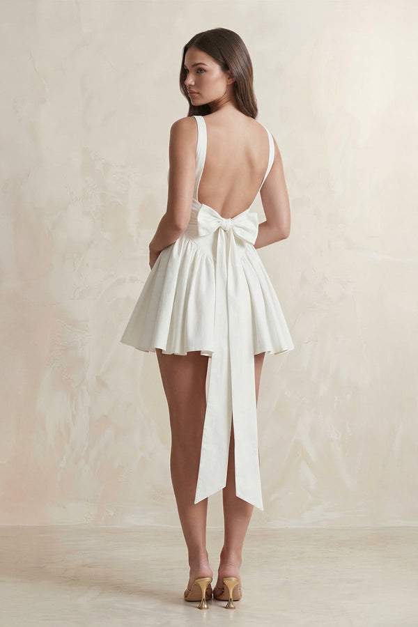 Square Neck A - Line Ruffled Mini Wedding Dress With Back Bow in Ivory - KissProm Wedding Dresses
