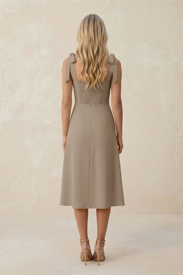 Square Neck A - Line Satin Midi Bridesmaid Dress With Bow in Almond - KissProm Bridesmaid Dresses