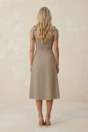 Square Neck A - Line Satin Midi Bridesmaid Dress With Bow in Almond - KissProm Bridesmaid Dresses