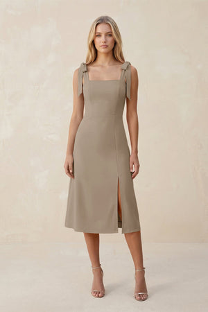 Square Neck A - Line Satin Midi Bridesmaid Dress With Bow in Almond - KissProm Bridesmaid Dresses