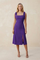 Square Neck A - Line Satin Midi Bridesmaid Dress With Bow in Amethyst - KissProm Bridesmaid Dresses