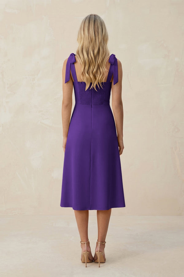 Square Neck A - Line Satin Midi Bridesmaid Dress With Bow in Amethyst - KissProm Bridesmaid Dresses