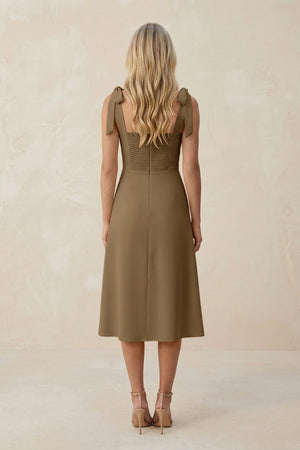 Square Neck A - Line Satin Midi Bridesmaid Dress With Bow in Apple Cinnamon - KissProm Bridesmaid Dresses
