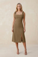 Square Neck A - Line Satin Midi Bridesmaid Dress With Bow in Apple Cinnamon - KissProm Bridesmaid Dresses