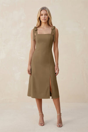 Square Neck A - Line Satin Midi Bridesmaid Dress With Bow in Apple Cinnamon - KissProm Bridesmaid Dresses