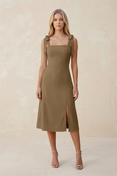 Square Neck A - Line Satin Midi Bridesmaid Dress With Bow in Apple Cinnamon - KissProm Bridesmaid Dresses