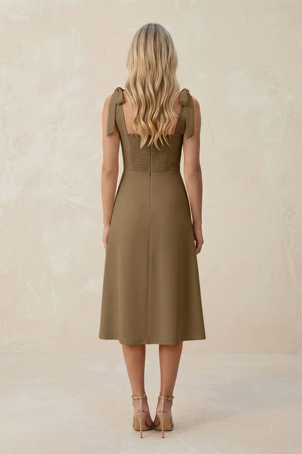 Square Neck A - Line Satin Midi Bridesmaid Dress With Bow in Apple Cinnamon - KissProm Bridesmaid Dresses