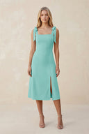Square Neck A - Line Satin Midi Bridesmaid Dress With Bow in Aqua - KissProm Bridesmaid Dresses