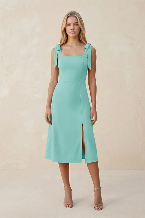 Square Neck A - Line Satin Midi Bridesmaid Dress With Bow in Aqua - KissProm Bridesmaid Dresses
