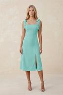 Square Neck A - Line Satin Midi Bridesmaid Dress With Bow in Aqua - KissProm Bridesmaid Dresses