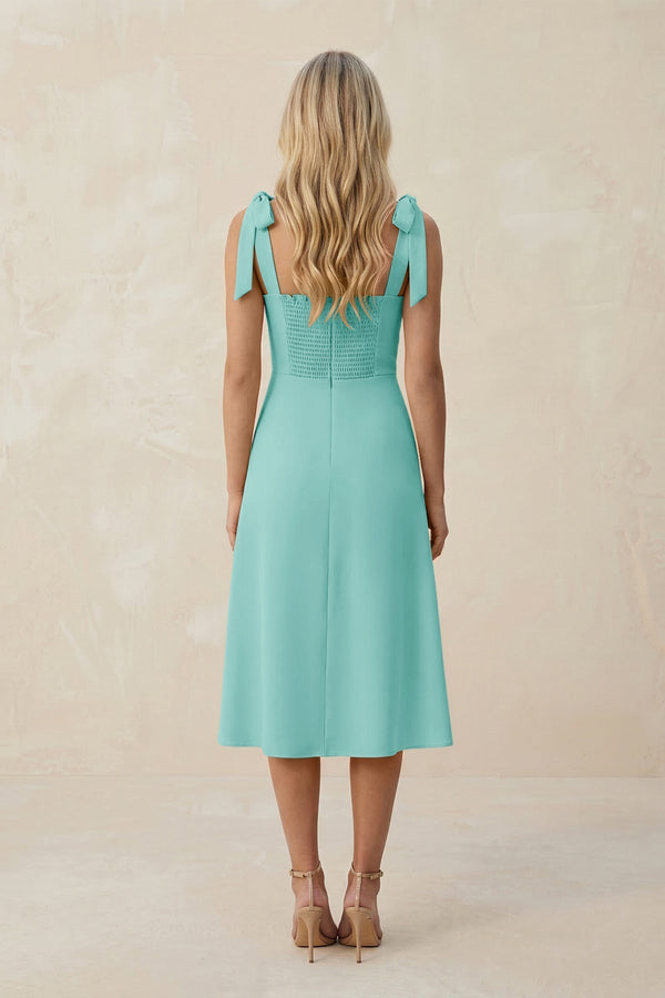 Square Neck A - Line Satin Midi Bridesmaid Dress With Bow in Aqua - KissProm Bridesmaid Dresses