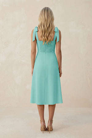 Square Neck A - Line Satin Midi Bridesmaid Dress With Bow in Aqua - KissProm Bridesmaid Dresses