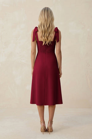 Square Neck A - Line Satin Midi Bridesmaid Dress With Bow in Berry - KissProm Bridesmaid Dresses
