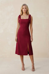 Square Neck A - Line Satin Midi Bridesmaid Dress With Bow in Berry - KissProm Bridesmaid Dresses
