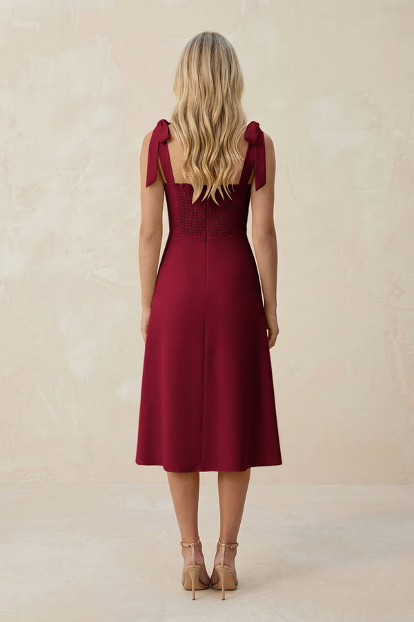 Square Neck A - Line Satin Midi Bridesmaid Dress With Bow in Berry - KissProm Bridesmaid Dresses