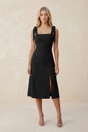 Square Neck A - Line Satin Midi Bridesmaid Dress With Bow in Black - KissProm Bridesmaid Dresses