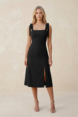 Square Neck A - Line Satin Midi Bridesmaid Dress With Bow in Black - KissProm Bridesmaid Dresses
