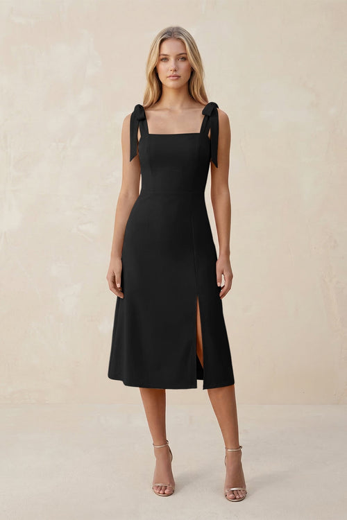 Square Neck A - Line Satin Midi Bridesmaid Dress With Bow in Black - KissProm Bridesmaid Dresses
