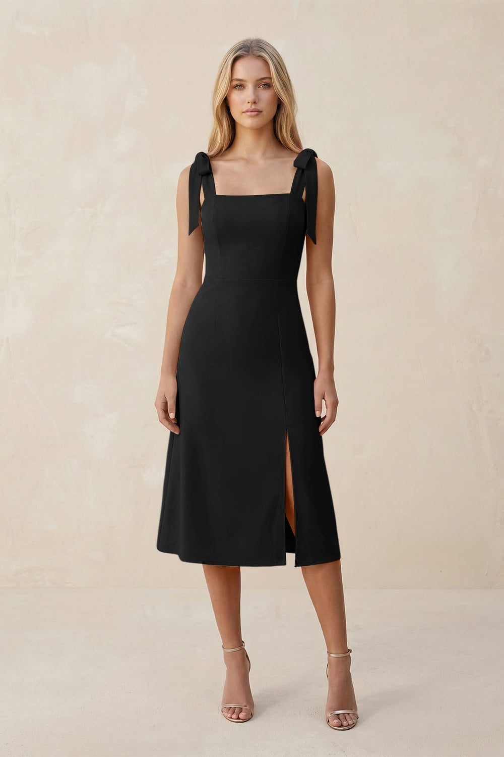 Square Neck A - Line Satin Midi Bridesmaid Dress With Bow in Black - KissProm Bridesmaid Dresses