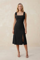 Square Neck A - Line Satin Midi Bridesmaid Dress With Bow in Black - KissProm Bridesmaid Dresses