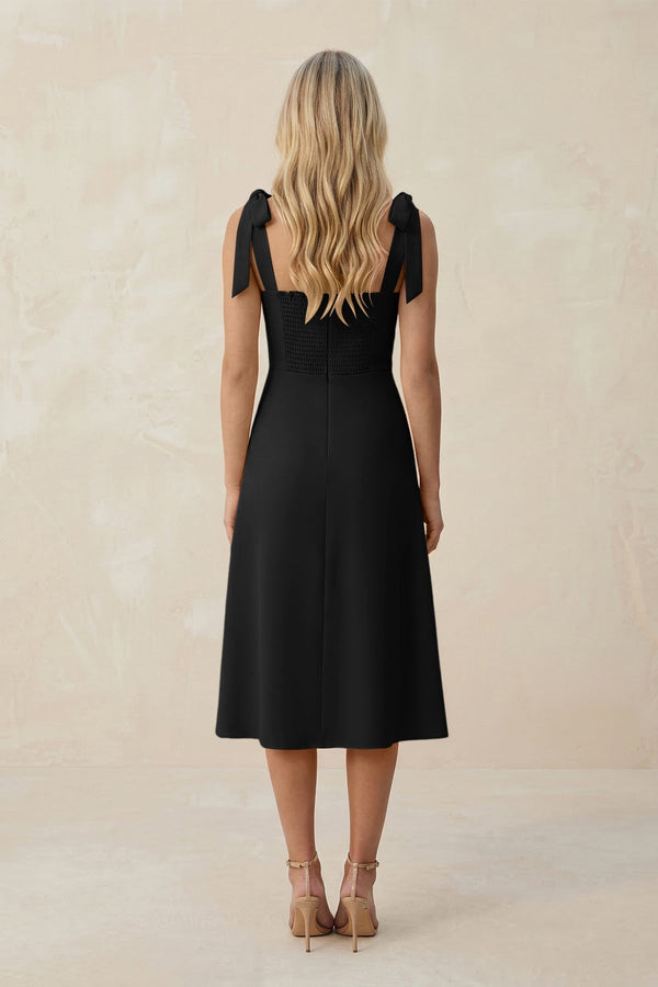 Square Neck A - Line Satin Midi Bridesmaid Dress With Bow in Black - KissProm Bridesmaid Dresses