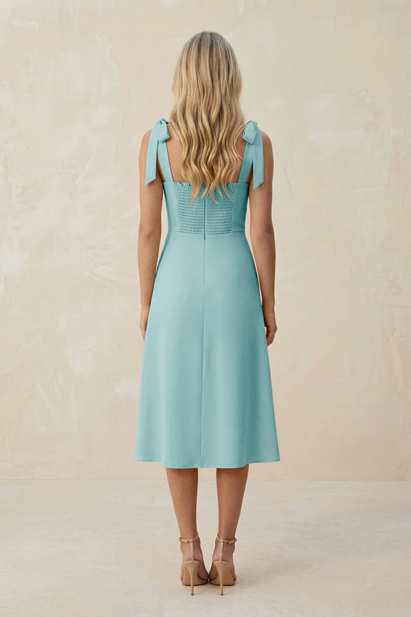 Square Neck A - Line Satin Midi Bridesmaid Dress With Bow in Bleached Aqua - KissProm Bridesmaid Dresses