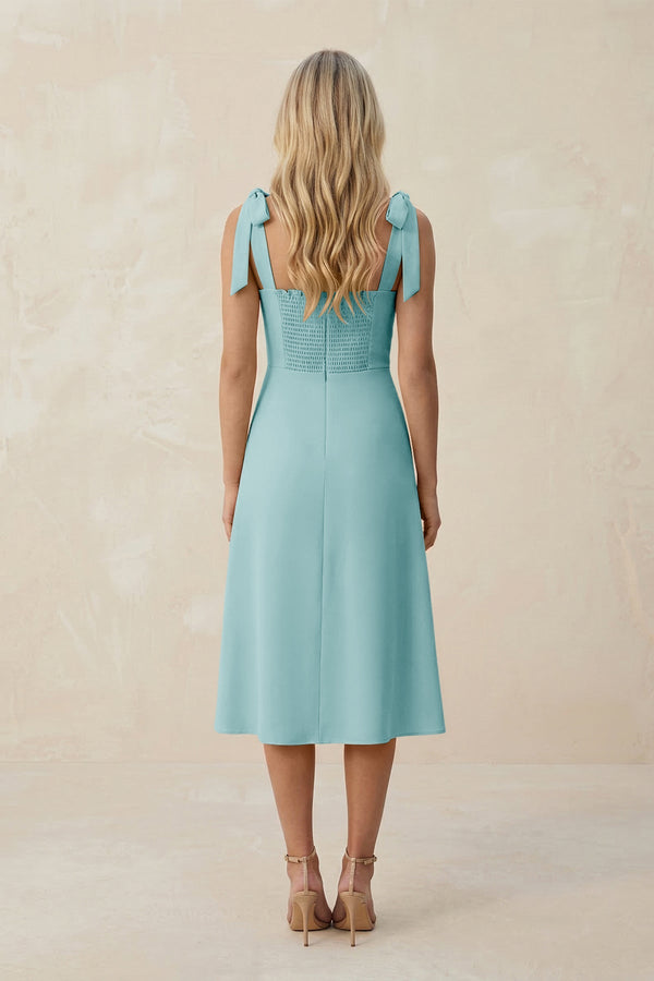 Square Neck A-Line Satin Midi Bridesmaid Dress With Bow in Bleached Aqua Square Neck A-Line Satin Midi Bridesmaid Dress With Bow in Bleached Aqua