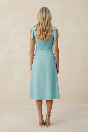 Square Neck A - Line Satin Midi Bridesmaid Dress With Bow in Bleached Aqua - KissProm Bridesmaid Dresses