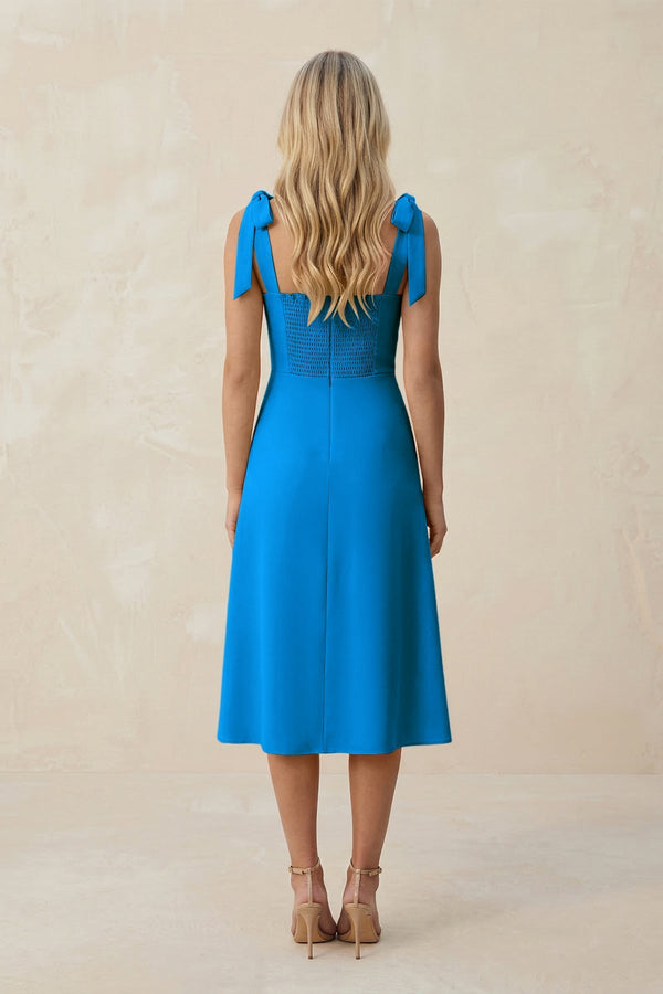 Square Neck A - Line Satin Midi Bridesmaid Dress With Bow in Blue Jay - KissProm Bridesmaid Dresses