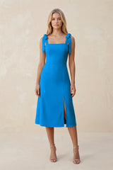 Square Neck A - Line Satin Midi Bridesmaid Dress With Bow in Blue Jay - KissProm Bridesmaid Dresses