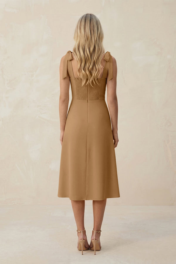 Square Neck A - Line Satin Midi Bridesmaid Dress With Bow in Bronzer - KissProm Bridesmaid Dresses