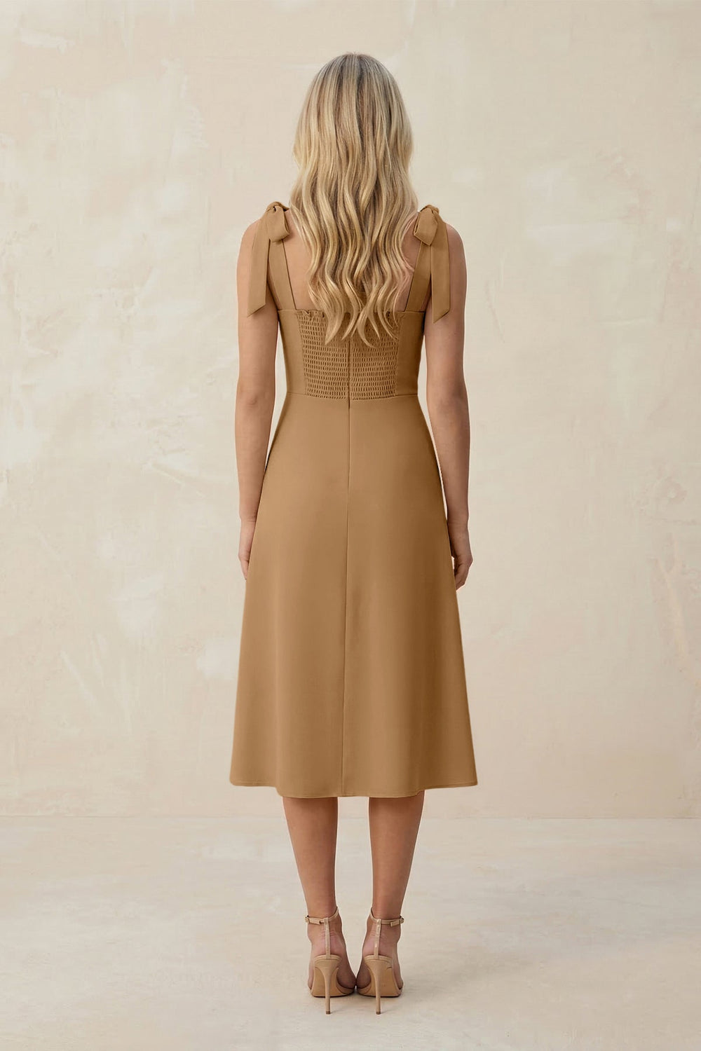 Square Neck A - Line Satin Midi Bridesmaid Dress With Bow in Bronzer - KissProm Bridesmaid Dresses