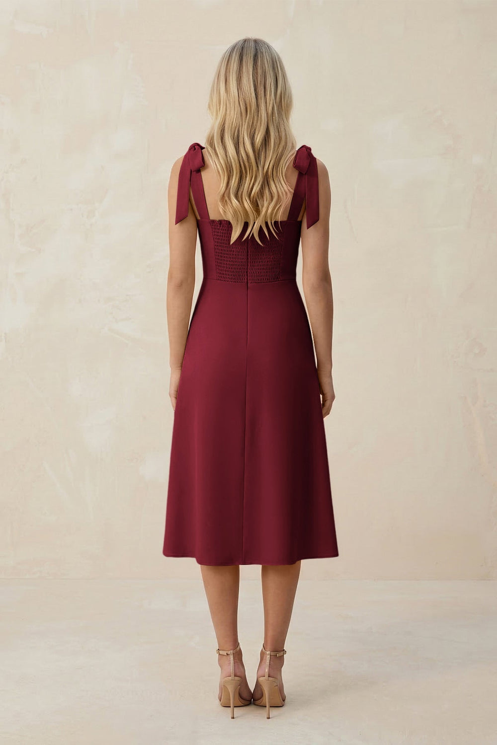 Square Neck A - Line Satin Midi Bridesmaid Dress With Bow in Burgundy - KissProm Bridesmaid Dresses