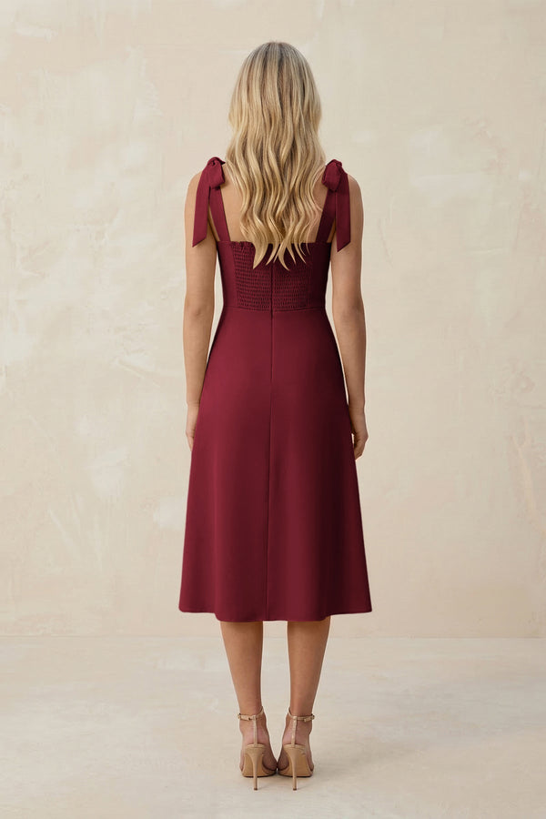 Square Neck A - Line Satin Midi Bridesmaid Dress With Bow in Burgundy - KissProm Bridesmaid Dresses