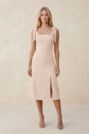 Square Neck A - Line Satin Midi Bridesmaid Dress With Bow in Buttercream - KissProm Bridesmaid Dresses