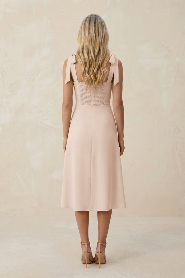 Square Neck A - Line Satin Midi Bridesmaid Dress With Bow in Buttercream - KissProm Bridesmaid Dresses