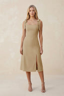 Square Neck A - Line Satin Midi Bridesmaid Dress With Bow in Champagne - KissProm Bridesmaid Dresses