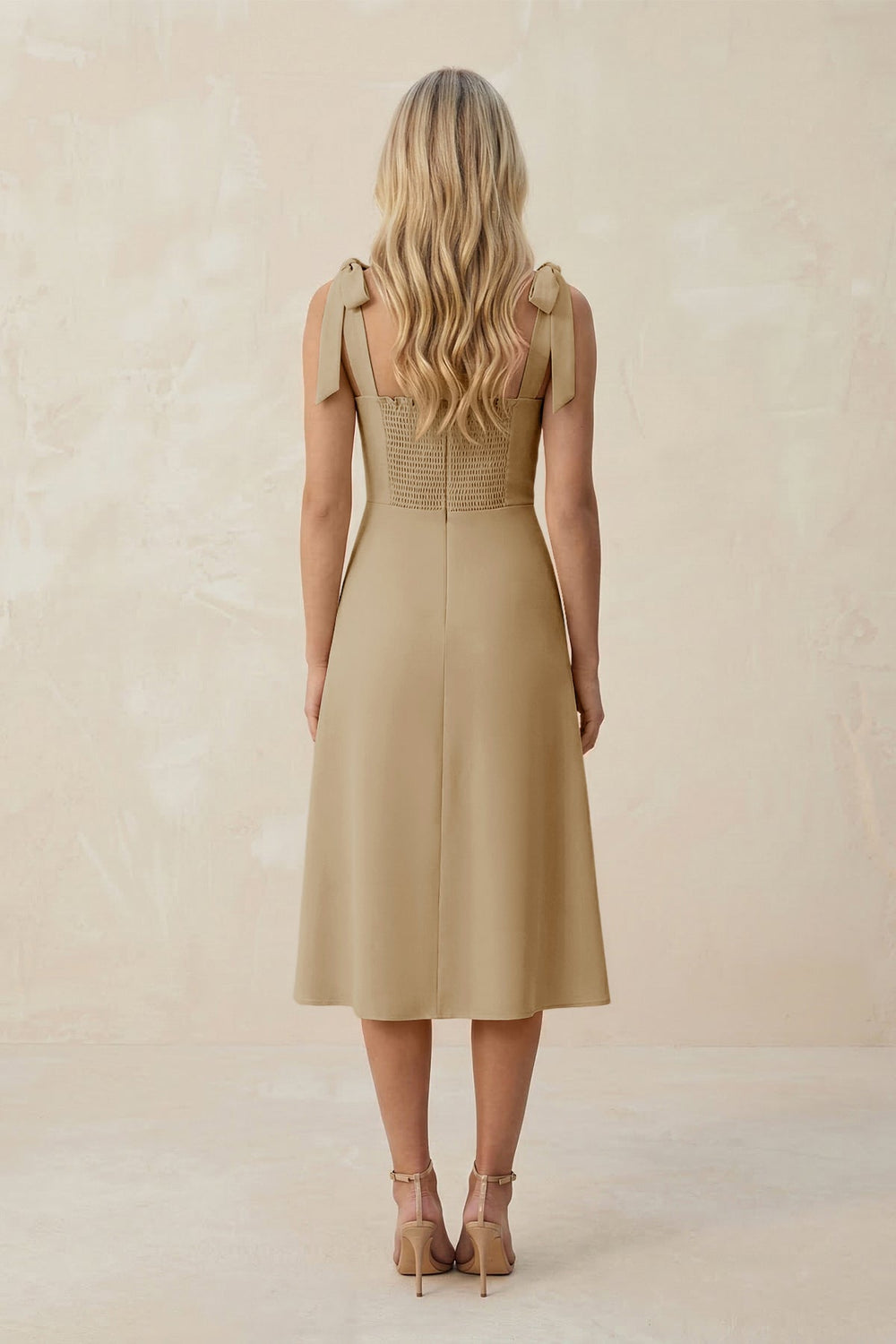 Square Neck A - Line Satin Midi Bridesmaid Dress With Bow in Champagne - KissProm Bridesmaid Dresses