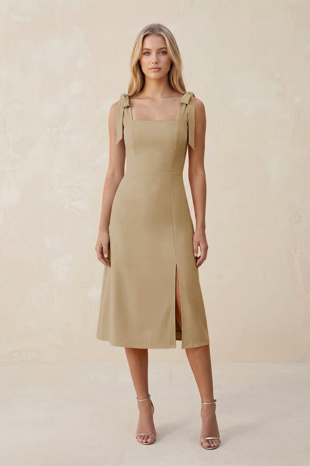 Square Neck A - Line Satin Midi Bridesmaid Dress With Bow in Champagne - KissProm Bridesmaid Dresses