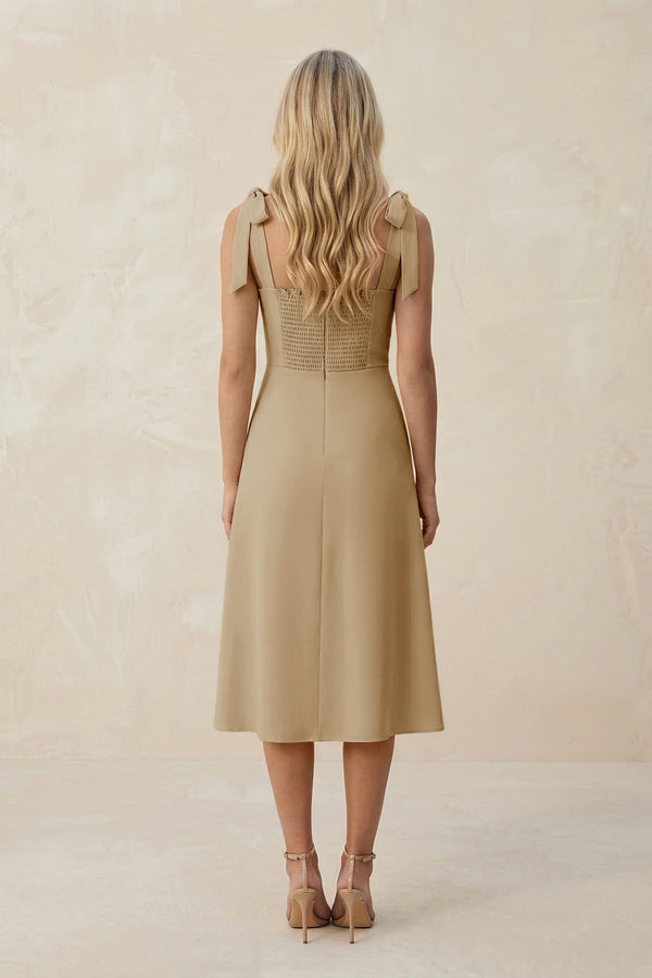 Square Neck A - Line Satin Midi Bridesmaid Dress With Bow in Champagne - KissProm Bridesmaid Dresses