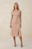 Square Neck A - Line Satin Midi Bridesmaid Dress With Bow in Champagne Rose - KissProm Bridesmaid Dresses