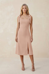 Square Neck A - Line Satin Midi Bridesmaid Dress With Bow in Champagne Rose - KissProm Bridesmaid Dresses