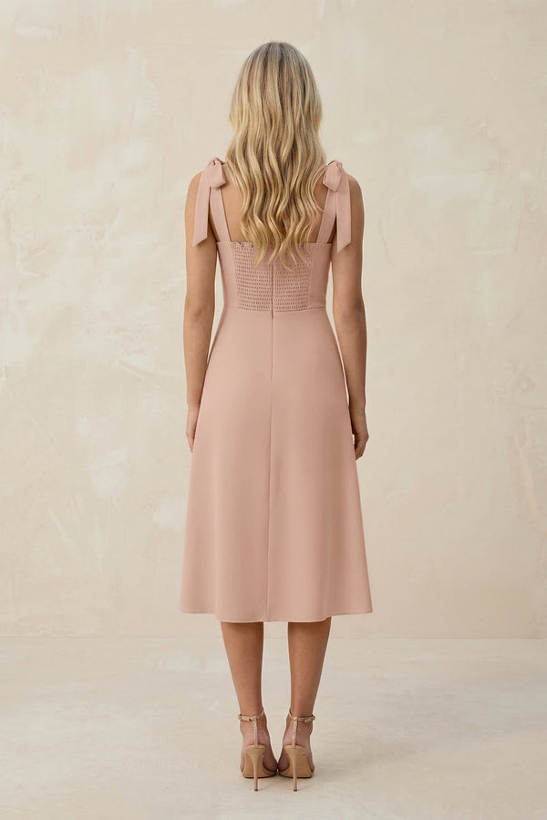 Square Neck A - Line Satin Midi Bridesmaid Dress With Bow in Champagne Rose - KissProm Bridesmaid Dresses