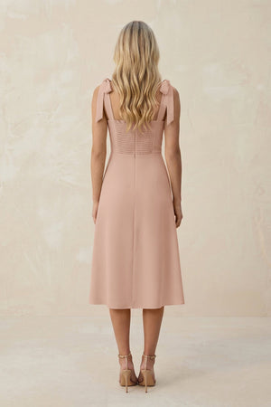 Square Neck A - Line Satin Midi Bridesmaid Dress With Bow in Champagne Rose - KissProm Bridesmaid Dresses