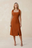 Square Neck A - Line Satin Midi Bridesmaid Dress With Bow in Cinnamon - KissProm Bridesmaid Dresses