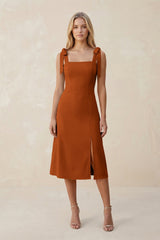 Square Neck A - Line Satin Midi Bridesmaid Dress With Bow in Cinnamon - KissProm Bridesmaid Dresses