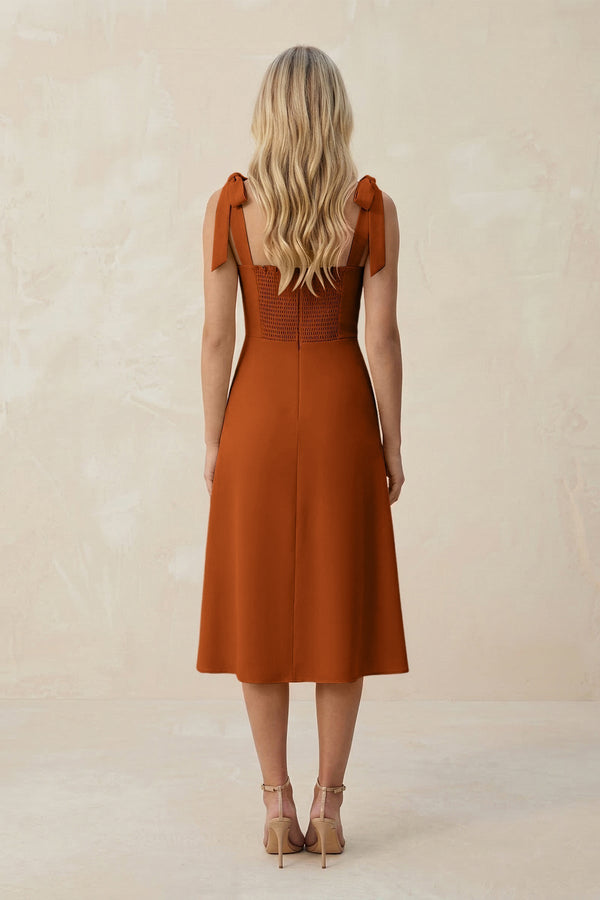 Square Neck A - Line Satin Midi Bridesmaid Dress With Bow in Cinnamon - KissProm Bridesmaid Dresses