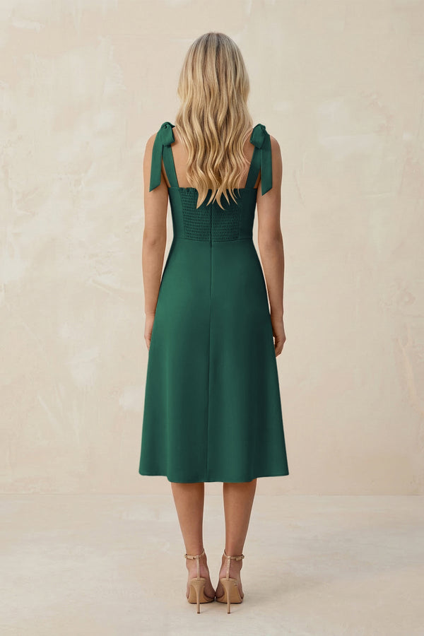 Square Neck A - Line Satin Midi Bridesmaid Dress With Bow in Dark Green - KissProm Bridesmaid Dresses