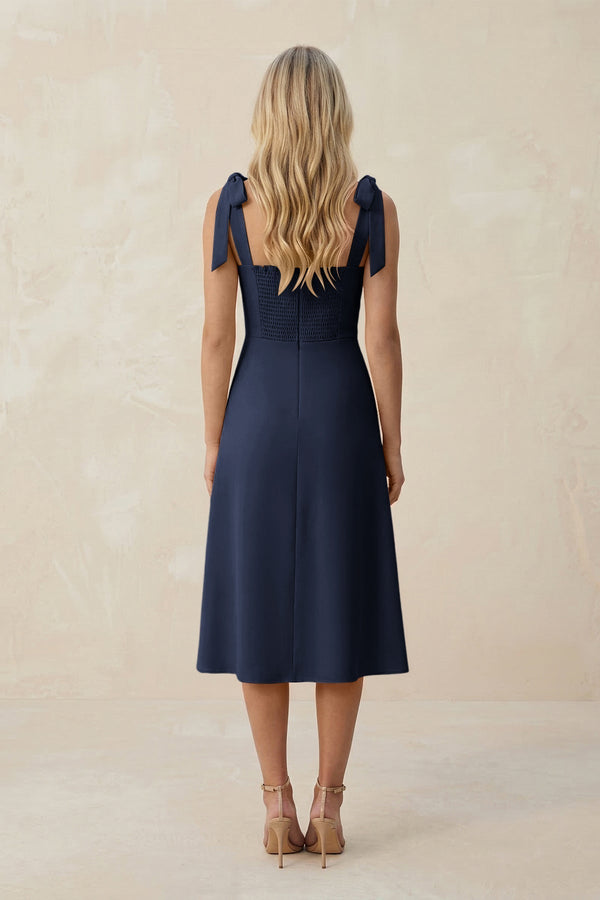 Square Neck A - Line Satin Midi Bridesmaid Dress With Bow in Dark Navy - KissProm Bridesmaid Dresses