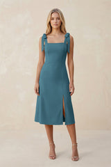 Square Neck A - Line Satin Midi Bridesmaid Dress With Bow in Dark Teal - KissProm Bridesmaid Dresses